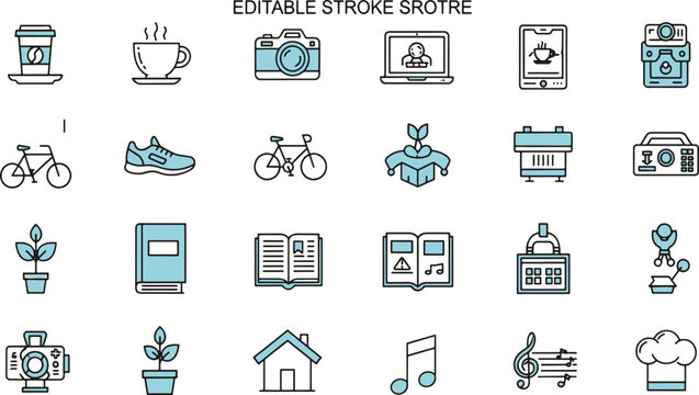 Collection of editable stroke icons representing various daily activities and objects