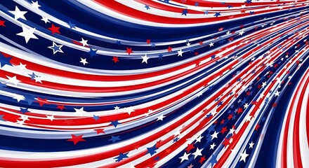 Obraz premium Abstract patriotic background with swirling red, white, and blue stripes and scattered stars, creating a dynamic and festive visual