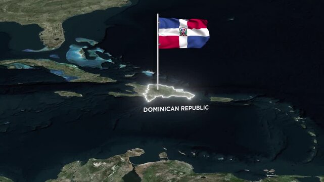 Dominican Republic Map Animation with 3D Waving of Dominican Republic National Flag and Glowing Border Animation on World Map