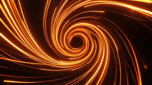 "Spiral vortex of glowing orange and yellow light streaks against dark background, symbolizing energy and motion"
