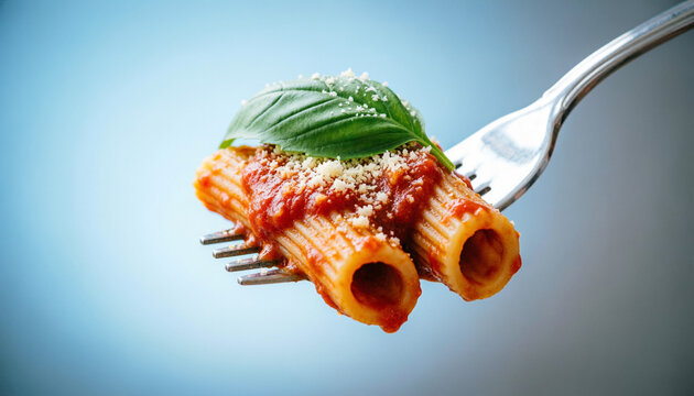 Gourmet Al Dente Rigatoni with Classic Pomodoro Sauce and Fresh Basil Garnish on a Silver Fork
