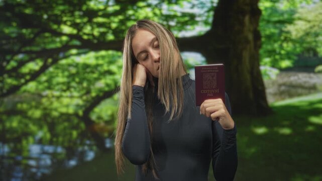 Young hispanic woman holding passport, head resting on hand in a leafy forest near a large tree; travel fatigue.
