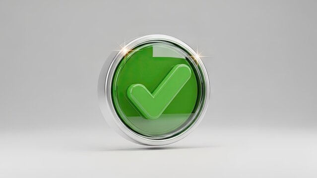 Green check mark icon in a chrome button isolated on white background