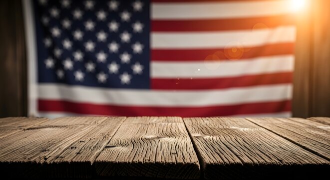 Wooden table surface with blurred american flag in the background