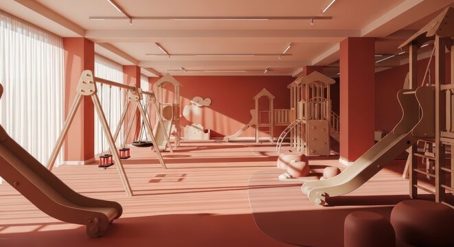 Indoor playground with play structures and red decor