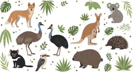 Cute vector set of native Australian wildlife featuring kangaroo koala wombat kookaburra and emu isolated with green leaves. © Honey!
