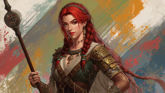 Fantasy warrior woman with red hair and a staff, digital illustration, digital art, game art