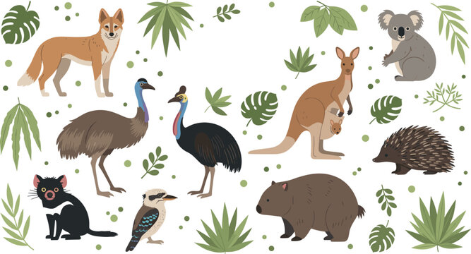 Cute vector set of native Australian wildlife featuring kangaroo koala wombat kookaburra and emu isolated with green leaves.