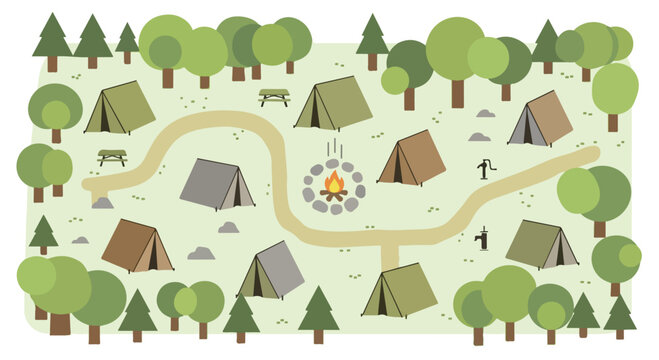 Flat vector campsite map with tents and campfire, forest camping ground illustration, outdoor summer camp landscape with trees and winding path