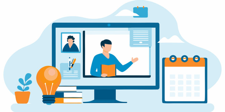 Online learning concept with a person presenting through a computer screen