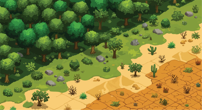 Isometric game environment map, forest and desert biome transition, pixel art style world map vector, nature landscape for strategy gaming