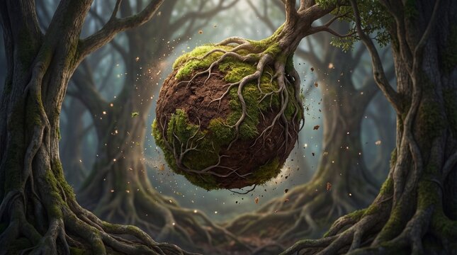 A tree ball with roots and green moss covered in dirt flies through forest