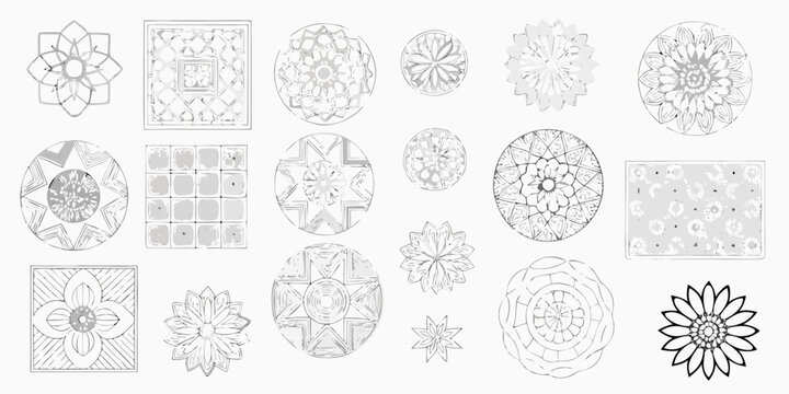 Collection of intricate hand drawn mandala designs in grayscale