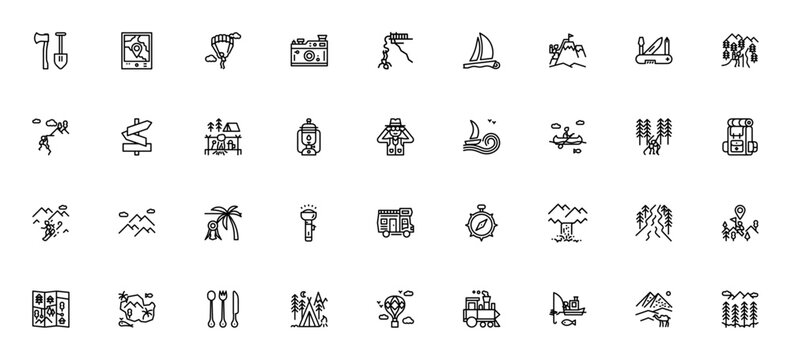 Adventure icon set. Vector outdoor activity symbols. Includes shovel, GPS, parachute, camera, climbing, hiking, backpack, compass, map and more.