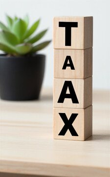 Wooden blocks spell "TAX" on a desk with a potted plant in the