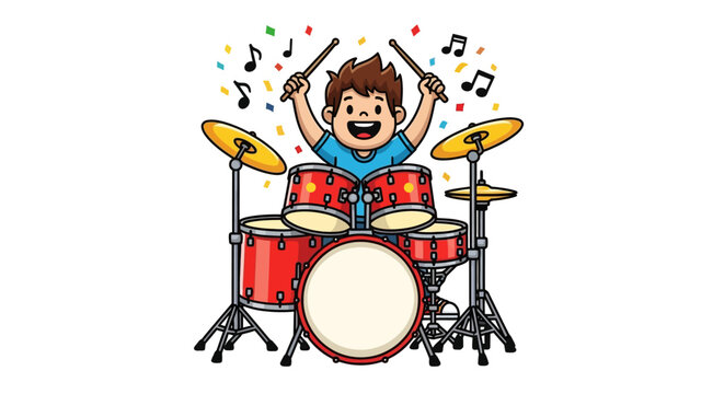 Boy Playing Red Drum Set Energetically.