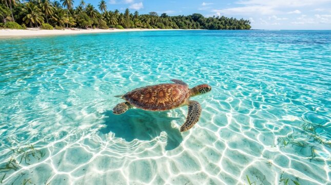 Green sea turtle gliding through shallow tropical ocean water over sand