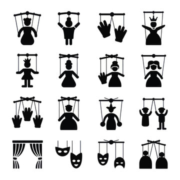 Set of 16 Black Puppet and Marionette Silhouettes Vector Icons