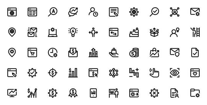 Marketing & Growth icon set. Vector business icons pack. Includes symbols for website, social media, analytics, sales, SEO, content, and more. Editable stroke.