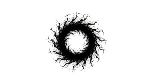 Black swirl design element, abstract vortex shape, dark twisted pattern, circular graphic