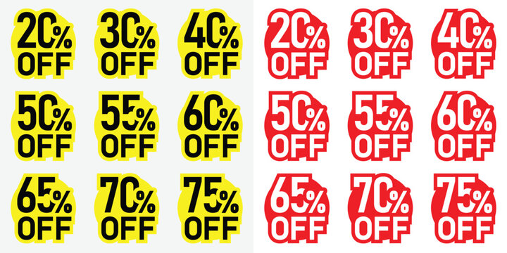 Discount and Offer stickers of 20, 30, 40, 50, 55, 60, 65, 70 and 75 percent Off, yellow and red color with white Backgroud.