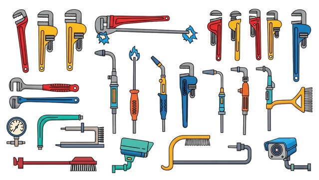 Boiler Maintenance Tool and Repair Vector Icon Set: Pipe Wrench, Welding Torch, and Industrial Plumbing Equipment in Colorful Flat Technical Style