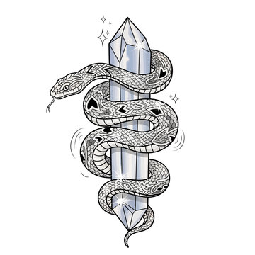 Serpent coiled around crystal, mystical symbol, tattoo design