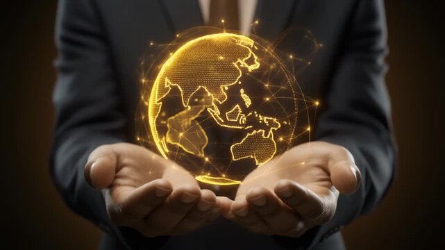"Businessperson in dark suit holding glowing golden holographic Earth with network lines, symbolizing global connectivity and innovation"