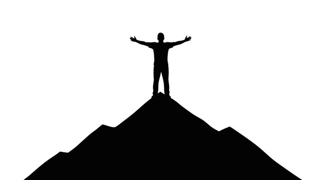 Man standing on mountain peak triumphantly.