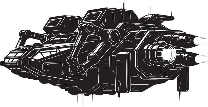 Futuristic Spaceship, Black Vector Illustration, Sci-Fi Spacecraft, Dark Grey Line Art