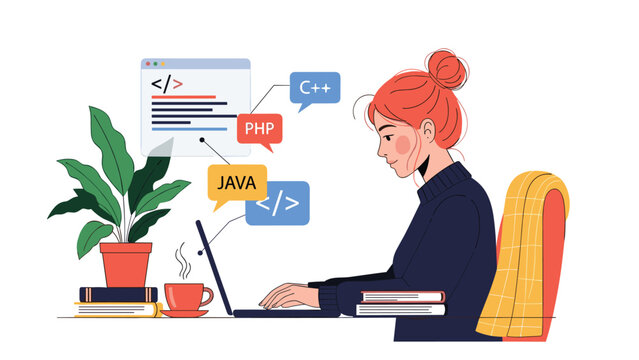 Young female software developer working on her laptop with various programming language icons like Java, PHP, and C plus plus.