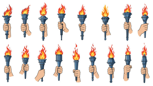 Collection of diverse hands holding flaming torches with bright orange fire in a retro pixel art style over white background.