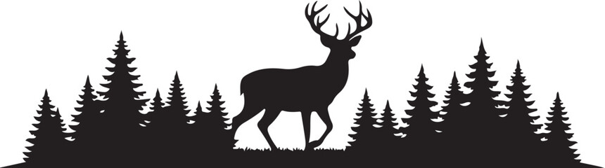 Fototapeta premium Deer silhouette, forest landscape, wildlife icon, black vector graphic