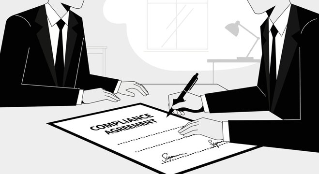 Two business people signing a compliance agreement document.