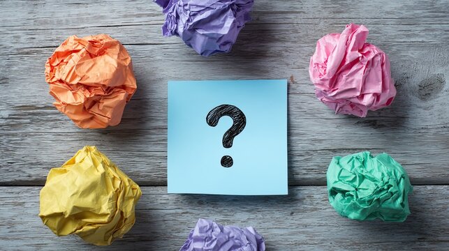 Question mark sticky note with colorful crumpled paper balls on wood table, confusion doubt thinking decision concept background