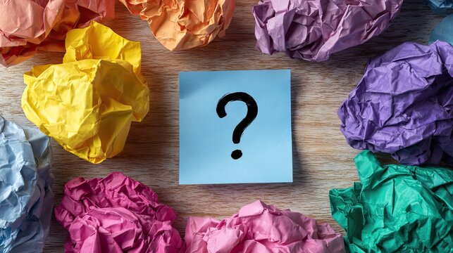 Question mark sticky note with colorful crumpled paper balls on wood table, confusion doubt thinking decision concept background
