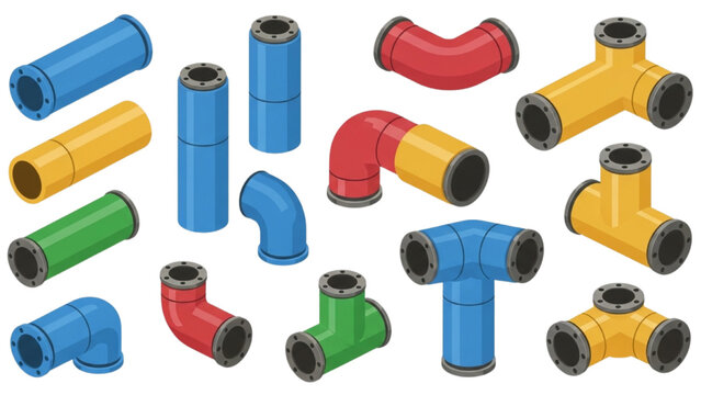 Insulated Steam Pipe and Elbow Vector Icon Set: Industrial Flanges, Pipeline Infrastructure, and Plumbing Graphics in 2D Isometric Flat Color Style