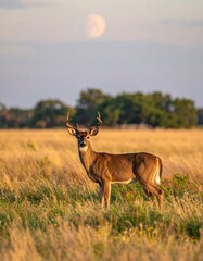 Fototapeta premium Deer standing proudly in a grassy field with the moon visible overhead