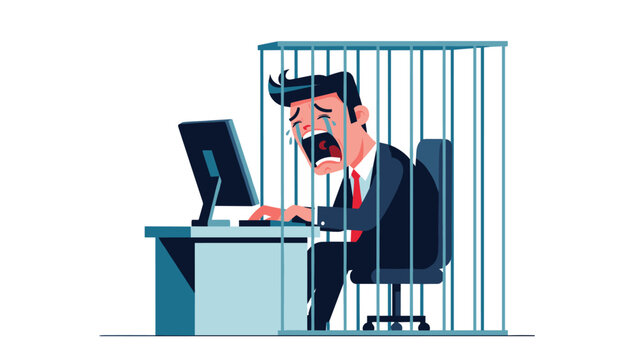 Stressed businessman crying and screaming while being trapped in a metal cage at his desk symbolizes workplace burnout and lack of professional freedom.