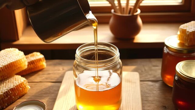 Pure golden honey pouring from a metal pitcher into a glass jar. Rustic wooden table with fresh honeycombs in warm sunset light. Organic harvest concept for healthy lifestyle and culinary marketing.