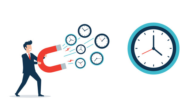 Smart businessman using a powerful red magnet to pull various clock icons towards him represents effective time management and productivity skills.