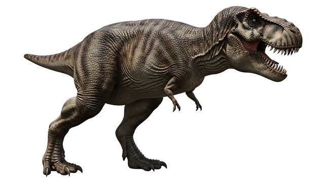 A realistic depiction of a Tyrannosaurus Rex dinosaur, standing on a white background, showcasing its powerful legs and sharp teeth.