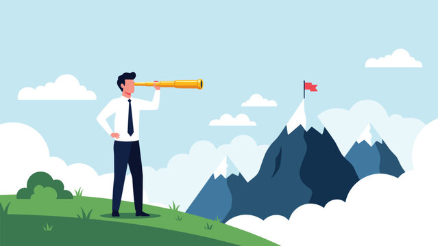 Businessman with telescope looking at flag on mountain peak represents ambition, professional goal setting, and future business strategy planning.