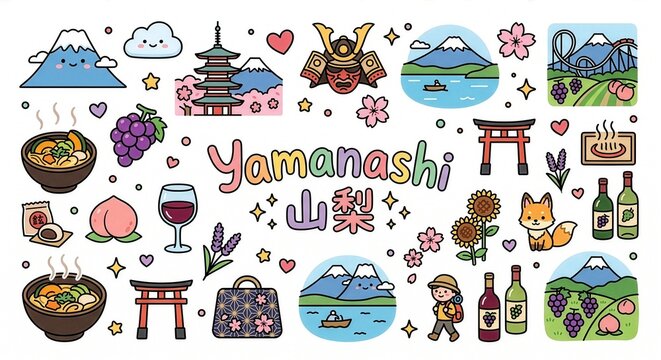 山梨の観光と文化をテーマにしたかわいいフラットイラストアイコンセット（富士山・自然・名所・特産）