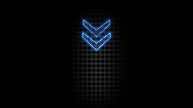Animated green glowing neon triple down arrow icon on a black background, neon down arrow animation concept. 4k