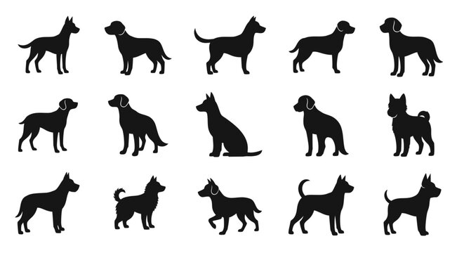 Black silhouettes of dogs in various breeds and poses