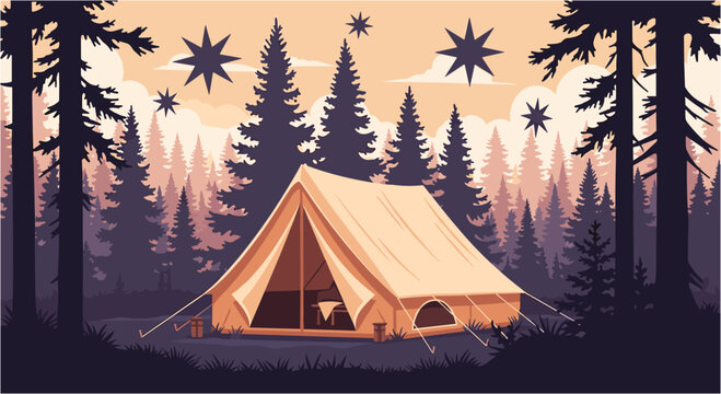 A serene wilderness campsite at dusk, featuring a classic canvas tent nestled among tall pine trees under a sky adorned with stylized stars.