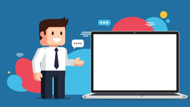 Happy professional man standing next to a large blank laptop screen, ideal for displaying software, websites, or business presentations.