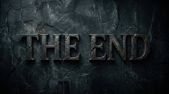 3D embossed metal text The End against a dark weathered wall background