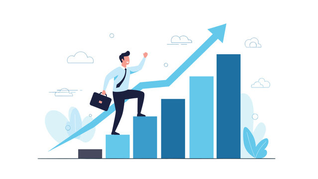 Ambitious businessman walking up a rising blue bar chart with a large upward arrow in the background to show career and financial growth.